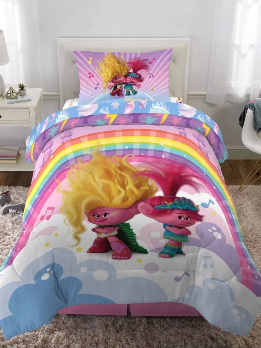 Trolls Bright Yellow Microfiber Twin Comforter with Pink and Blue Accents